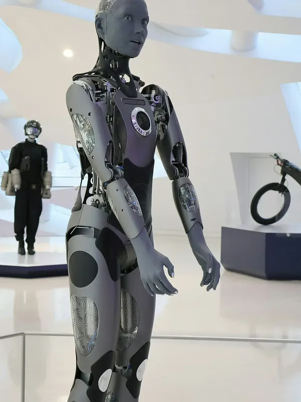 Advanced humanoid robot in a modern exhibition space